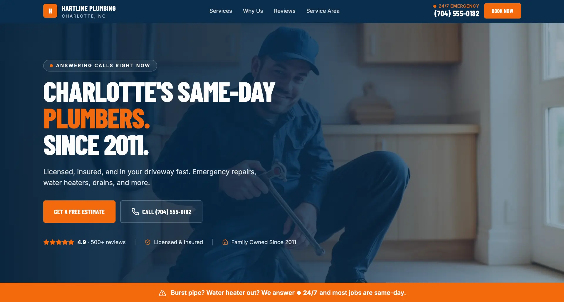Hartline Plumbing homepage hero