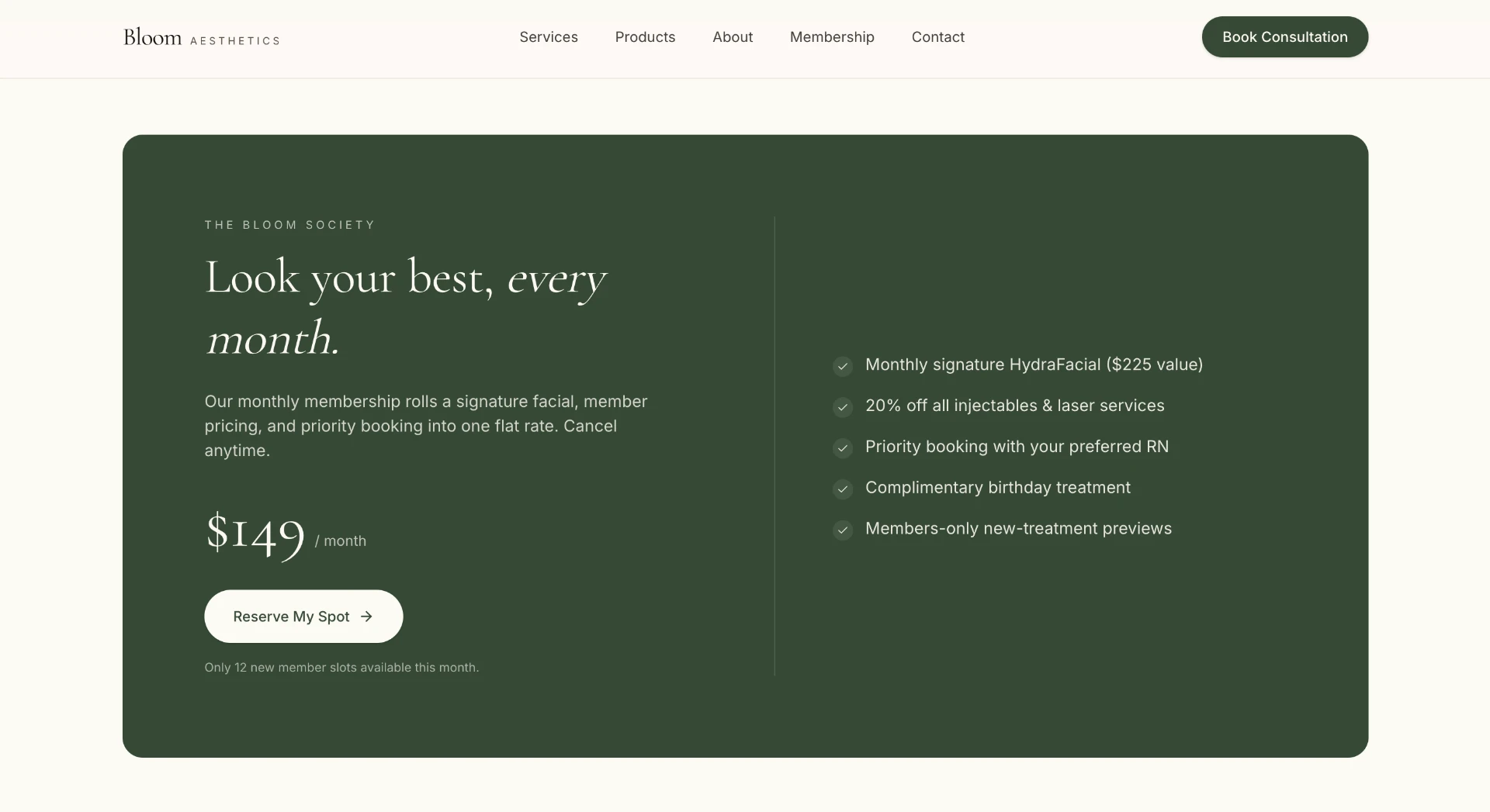 Bloom Aesthetics membership block