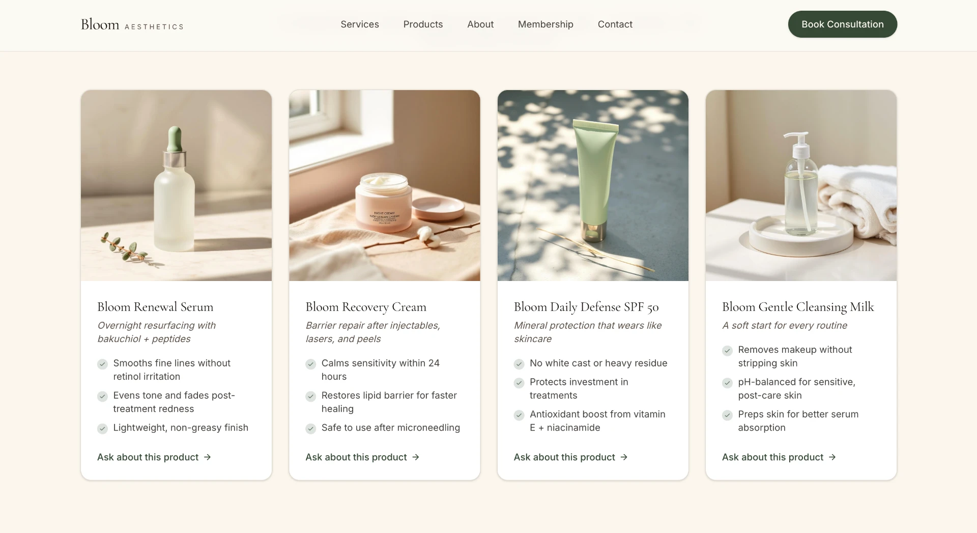 Bloom Aesthetics product cards