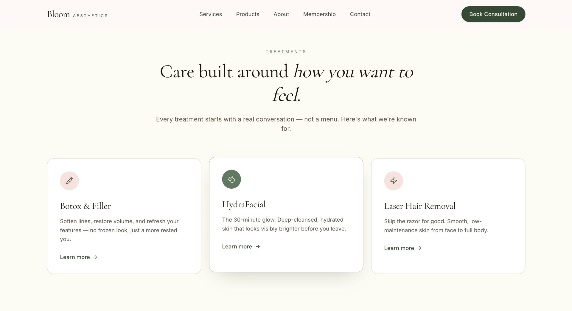 Bloom Aesthetics treatments section