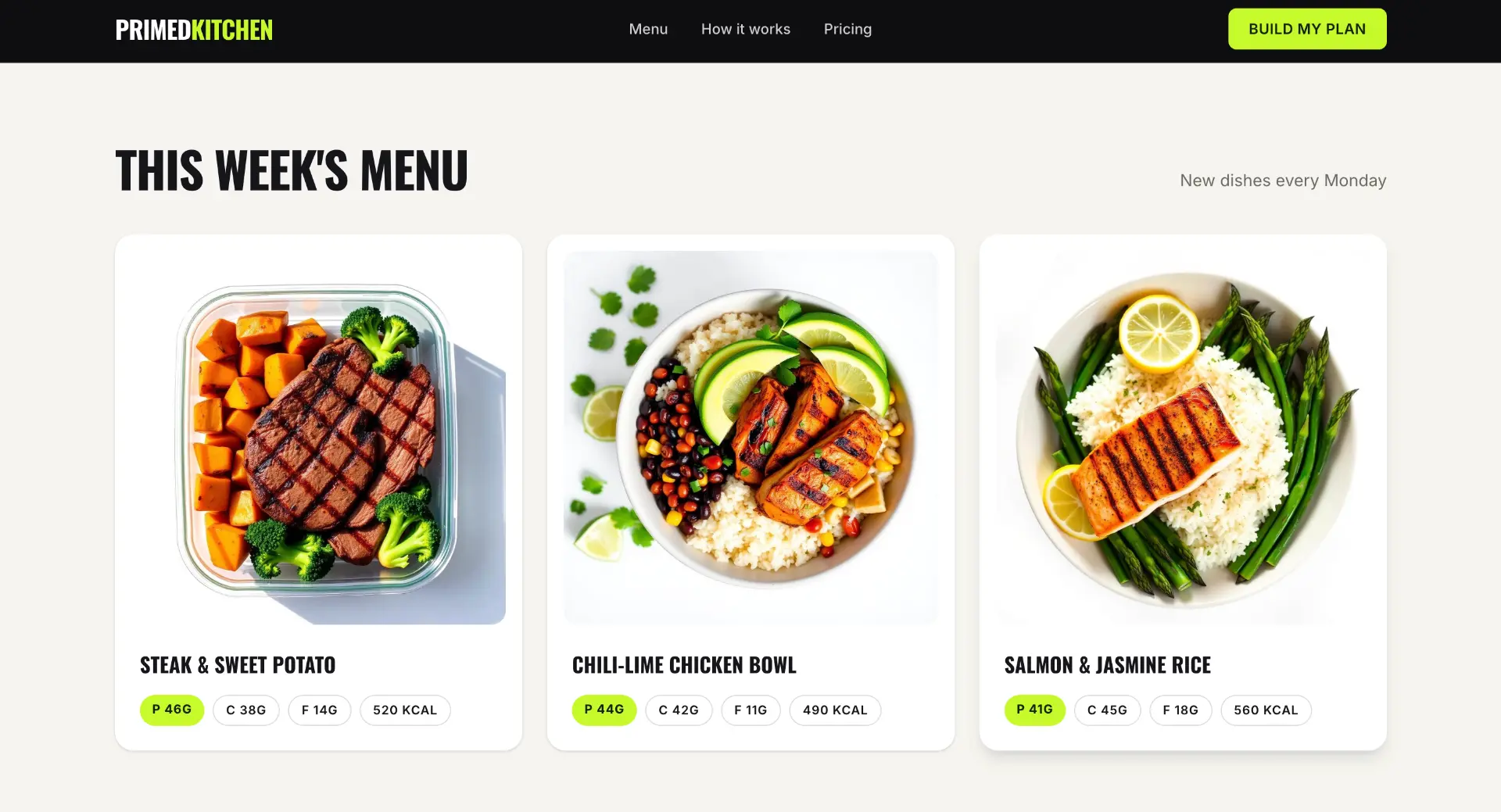 Primed Meals weekly menu grid