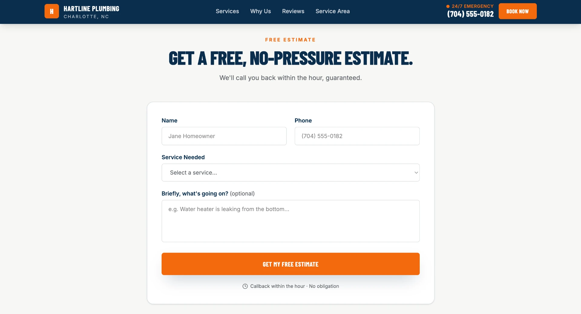 Hartline Plumbing free estimate form